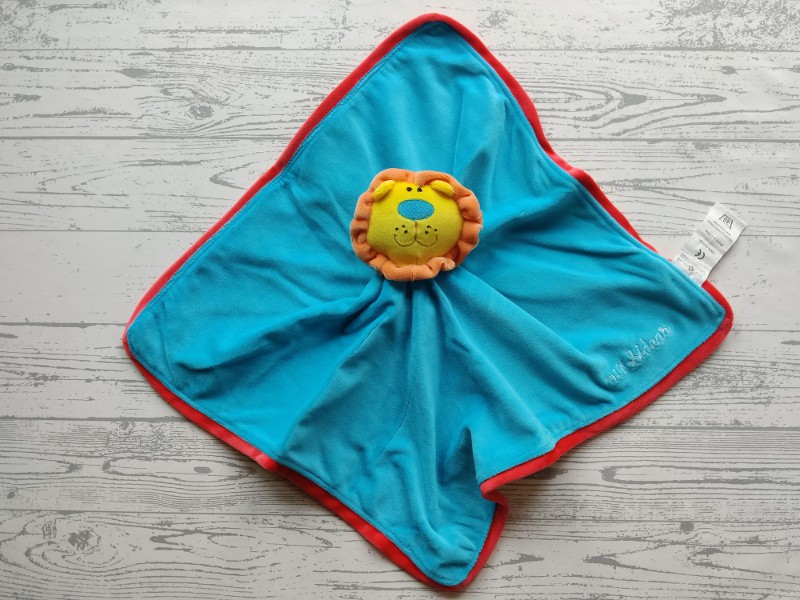 Nino & Ideas knuffeldoek velours blauw geel oranje Leeuw