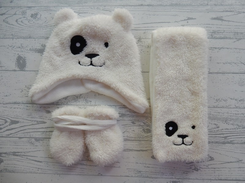 beginnen kwaliteit Wiens Set baby muts sjaal wanten teddy wit ivoor beer snoet maat 4-9 mnd