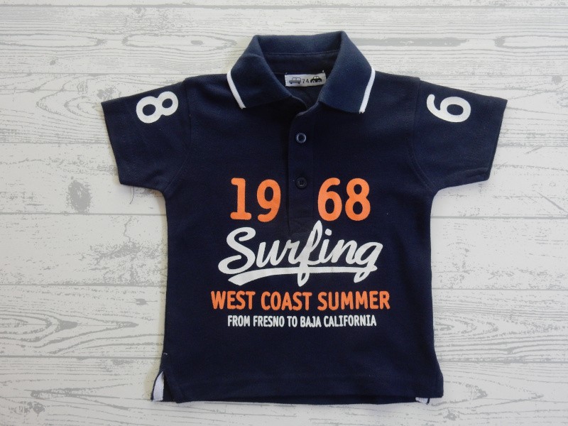 Poloshirt donkerblauw oranje wit Surfing maat 74