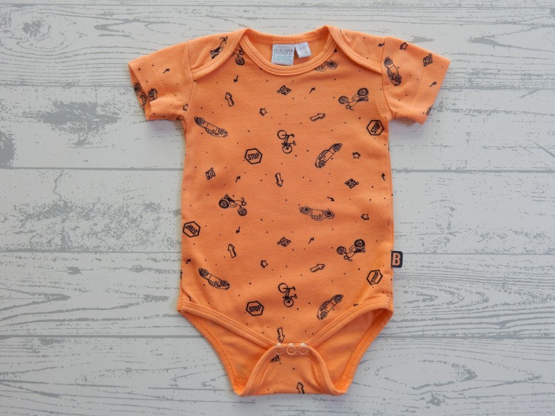 Babylook romper korte mouw oranje zwart Hi Stop maat 56