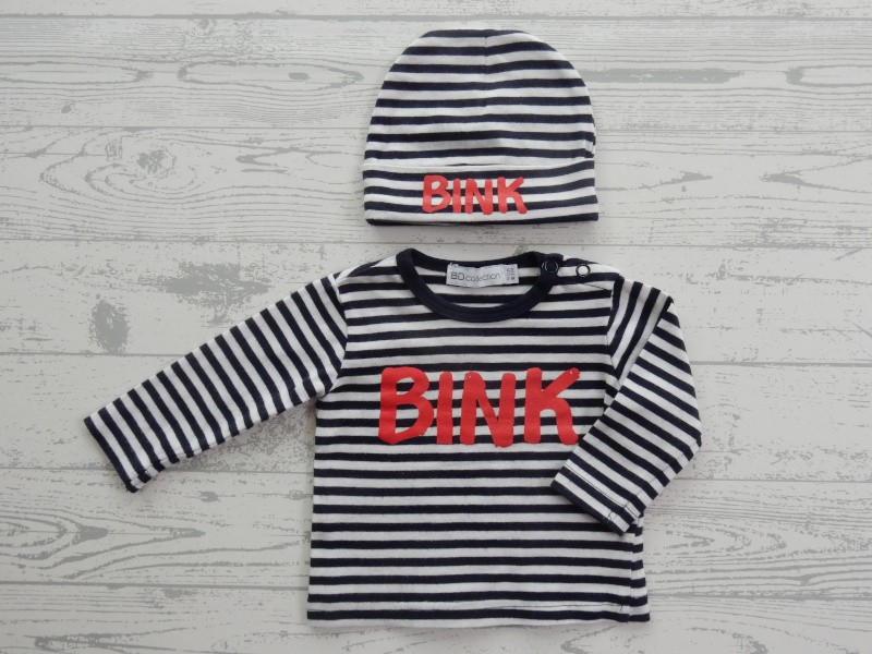 Babylook longsleeve met mutsje donkerblauw gestreept rood Bink maat 50