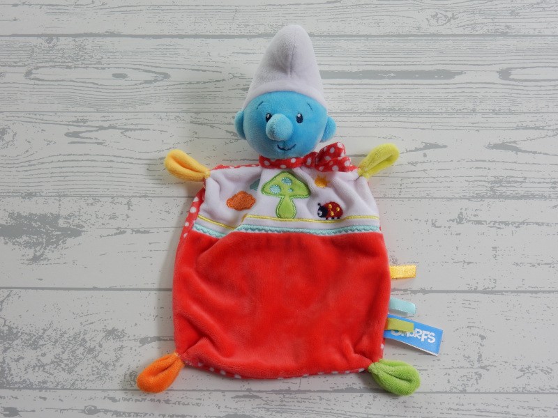 Smurfen knuffeldoekje velours blauw rood wit paddenstoel