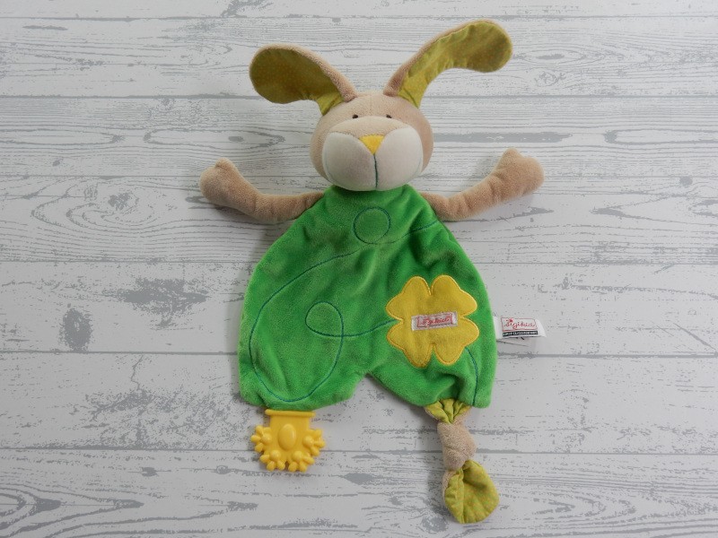 Sigikid knuffeldoek velours groen geel beige bruin klaver hond