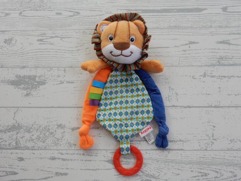 Nuby knuffeldoek doudou velours bruin blauw knisper bijtring Leeuw