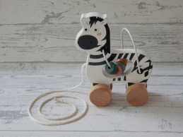 Houten trekdier zebra met kralen spiraal