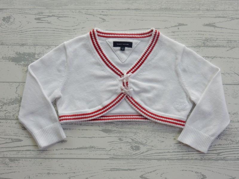 Tommy Hilfiger bolero vestje gebreid wit rood strikjes maat 68-74