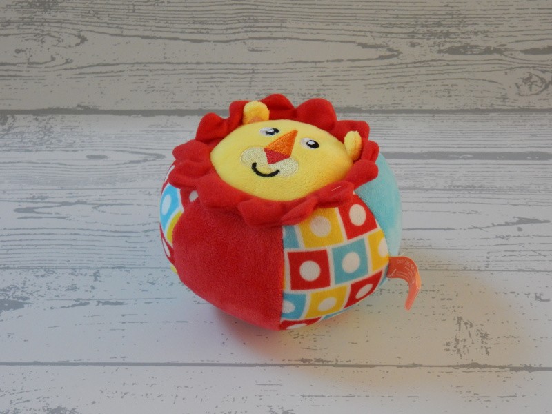 Fisher Price pluche bal rammelaar velours rood blauw geel leeuw